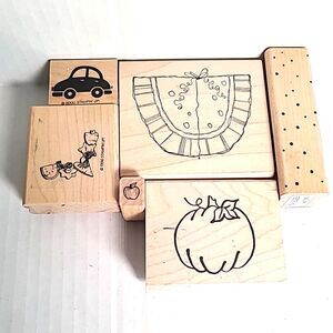 Vintage Lot of 6 Wooden Rubber Stamps Picnic Watermelon Scrapbooking Stamping